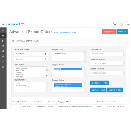 Advanced Export Orders All To Excel Or CSV For OpenCart V2
